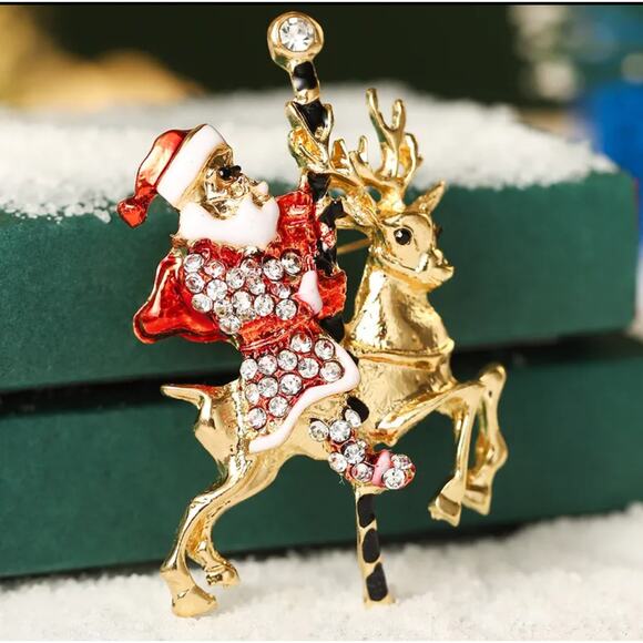 Santa on a Carousel Reindeer Brooch Pin Christmas Holiday Retro Vintage Style - Picture 1 of 6